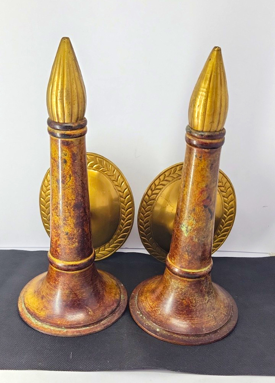 Vintage Pair MCM Brass Wood Tone Wall Candle Holder Sconces 1960s Mid Century